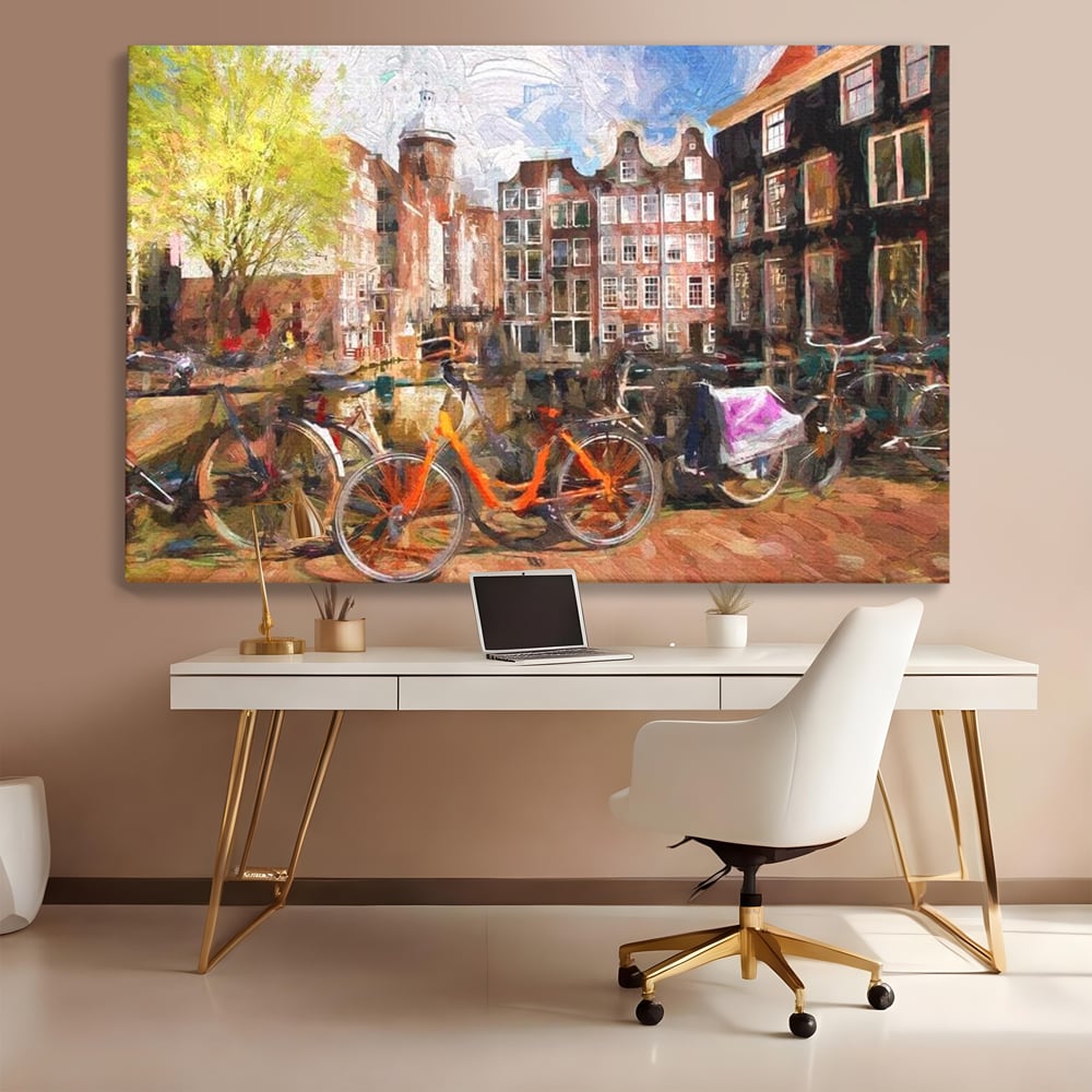 Tablou canvas cu pictura stradala cu bicicleta portocalie, fara rama, pe sasiu de lemn, pe perete intr-un birou